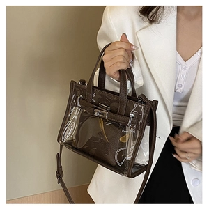 Detail of dark brown transparent PVC Kelly bag with leather pouch and silver metal clasp