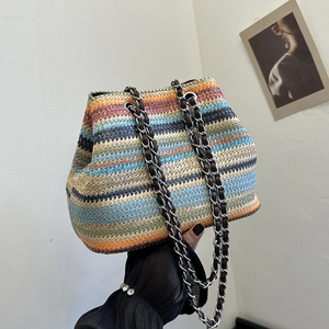 Handmade rainbow woven crossbody bag with metal chain strap for summer vacation fashion