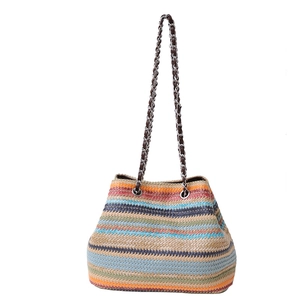 Colorful handmade woven shoulder bag with rainbow stripes and metal chain strap