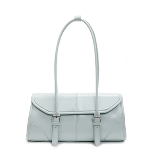 Minimalist light blue faux leather baguette bag with dual shoulder straps and buckle detail