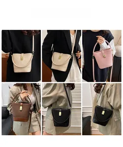 Detailed views of stylish bucket handbags in beige, pink, brown and black with gold locks