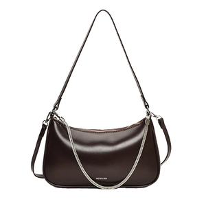Deep brown retro half-moon underarm bag with silver chain and NO FILTER lettering