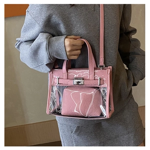 Detailed view of pink transparent Kelly bag with textured inner pouch and silver hardware