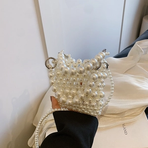 Handmade pearl beaded crossbody bag with elegant square box design and pearl chain strap