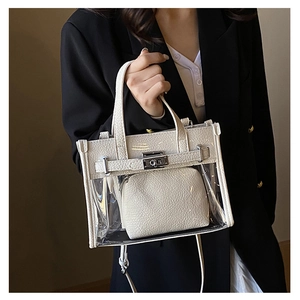 Close-up of a clear PVC Kelly bag with white lychee texture and silver metal twist lock