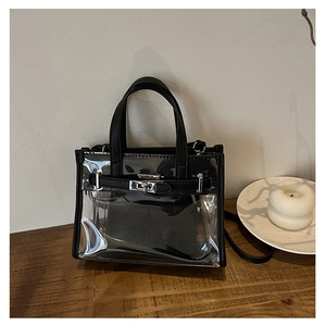 Detail of transparent PVC Kelly bag with black leather trim and silver metal twist lock