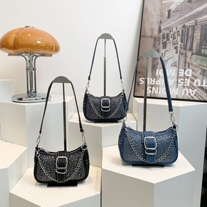 Sac Baguette Sous Les Bras En Denim À Strass Rétro Y2K Sac À Épaule Bandoulière Avec Chaîne Argentée Et Boucle Métallique