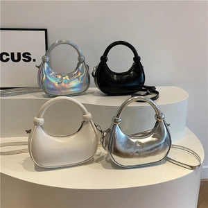 Women Crescent Handbag Shiny PU Leather Half Moon Hobo Bag With Round Handle And Detachable Shoulder Strap Trendy