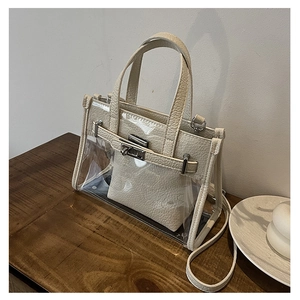 Detail of transparent PVC Kelly bag with off-white leather trim and silver twist lock