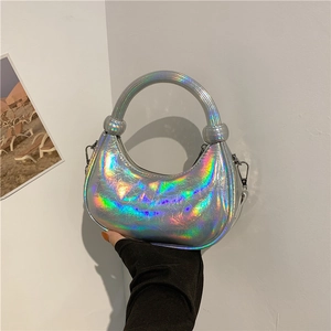 Chic holographic half-moon handbag with metallic gradient reflection and crossbody strap