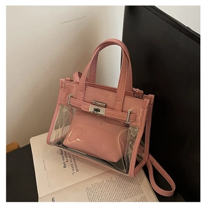 Macro detail of pink transparent PVC bag with litchi grain leather and metal clasp
