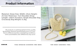 Detail of a beige woven straw bag with a large lace bow and specific dimensions