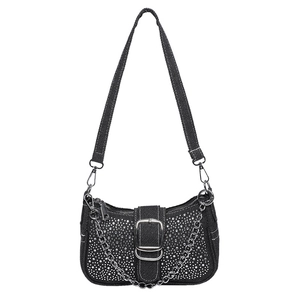 Sac à bandoulière chic en jean noir avec strass argentés et chaîne métallique