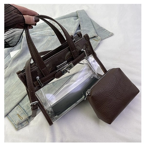Close-up of clear PVC Kelly bag with brown leather trim and golden twist lock closure