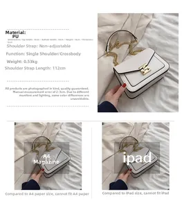 Infografica con dimensioni 19x14cm e dettagli della borsa beige con catena oro