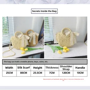 Detailed size guide and capacity for woven straw bag with ribbon bow and dimensions