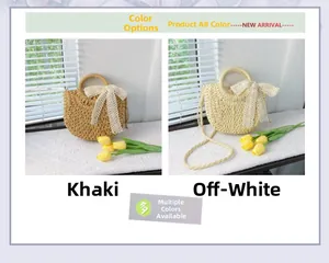 Detail of woven straw handbags in khaki and off-white with lace bows and drawstring lining