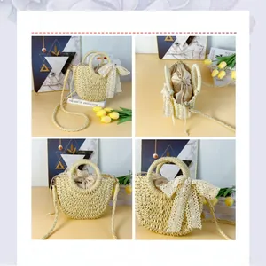 Detail view of woven bag showing lace bow, drawstring lining and braided straps
