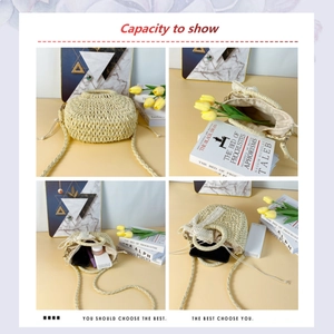 Detail showing inner capacity of beige woven straw bag with smartphone and cosmetics