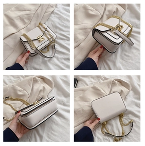 Detail view of cream white flap crossbody bag showing four angles with gold chain strap