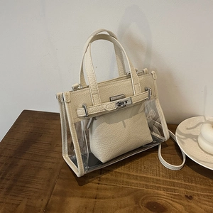 Chic cream white transparent Kelly bag with leather lining and detachable shoulder strap