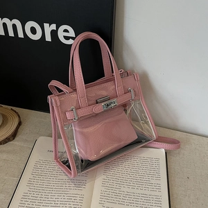 Pink transparent PVC Kelly bag with litchi grain trim and inner pouch for women