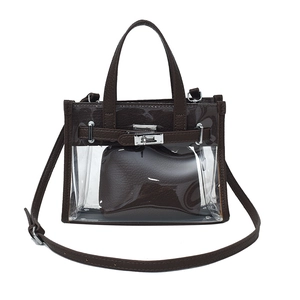 Transparent brown PVC Kelly style crossbody bag with leather trim and inner pouch