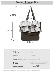Détails du sac cabas en toile avec dimensions, tissu marron et bordure à volants