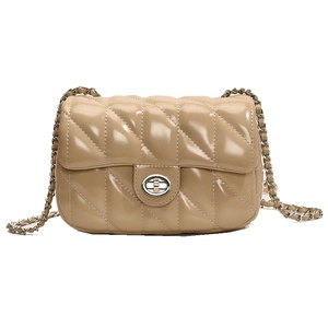 Quilted beige patent leather chain bag with silver twist lock and minimalist design