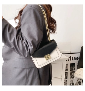 Dettaglio di una borsa a tracolla monocromatica chic con chiusura dorata e catena
