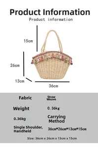 Detailed size chart showing dimensions of the straw tote bag with colorful tassels