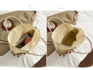 Detail view of straw tote interior with drawstring lining and colorful tassels