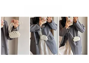 Detail showing various ways to wear the handmade pearl woven cloud bag on a model