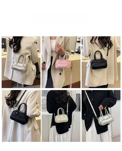 Litchi pattern bowling bag shown in handheld, crossbody and shoulder styles in four colors