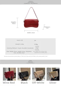 Spécifications de taille détaillées pour le sac sous les aisselles vintage en cuir PU