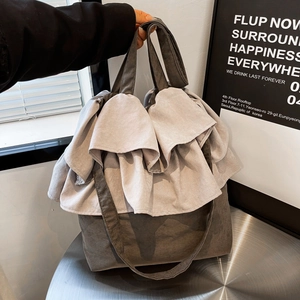 Sac Seau En Toile Grise À Épaule Grande Capacité Garniture À Volants Plissé Mode Patchwork Cabas Pour Femmes Décontracté