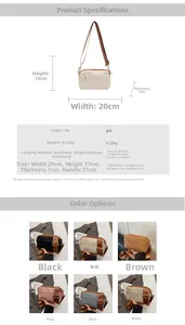 Size chart showing 20x13x7cm dimensions and color options for the minimalist PU crossbody bag