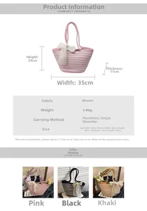 Size chart and dimensions for the hand-woven straw tote bag with pearl and bow details