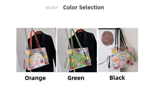 Three transparent PVC tote bags with graffiti hearts in orange, green, and black versions