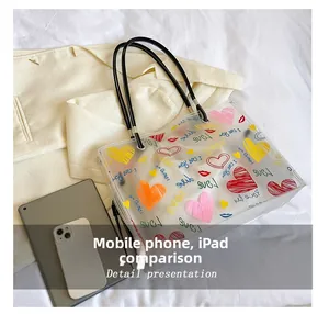 Detail view of large transparent PVC tote with colorful heart prints next to a phone and iPad