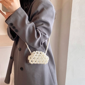 Handmade white pearl woven mini crossbody bag with cloud shape and beaded strap