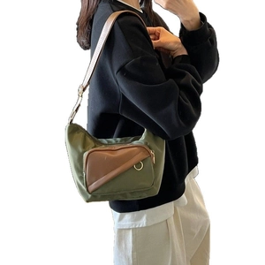 Large capacity army green nylon messenger bag with brown contrast pockets for casual commute