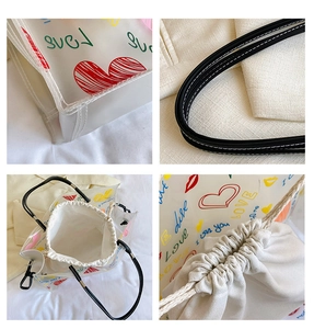 Detail shots of transparent PVC tote bag featuring colorful graffiti LOVE text and inner pouch