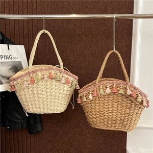 Straw Handwoven Tote Bag Colorful Tassels Large Capacity Summer Beach Vacation Bohemian Style Drawstring Handbag