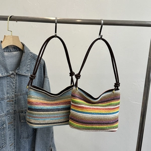 Sac Seau Bandoulière En Paille Tissé À Rayures Arc-En-Ciel Style Bohème Pour Vacances D'Été Femmes Léger