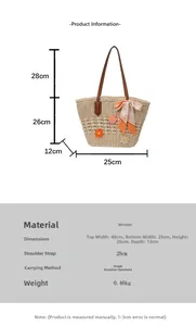 Specifiche dettagliate delle dimensioni della borsa in paglia intrecciata con fiori