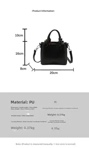 Detailed size chart for the black lychee pattern PU leather handbag with adjustable strap