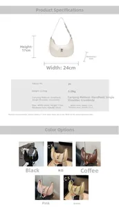 Spécifications de taille détaillées et cinq variantes de couleur du sac demi-lune