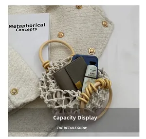 Capacity display of the hand-woven hollow straw tote bag with round wooden handle