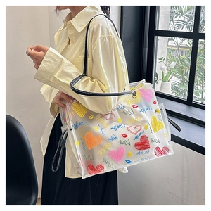 Close-up of transparent PVC tote bag with colorful heart prints and inner pouch